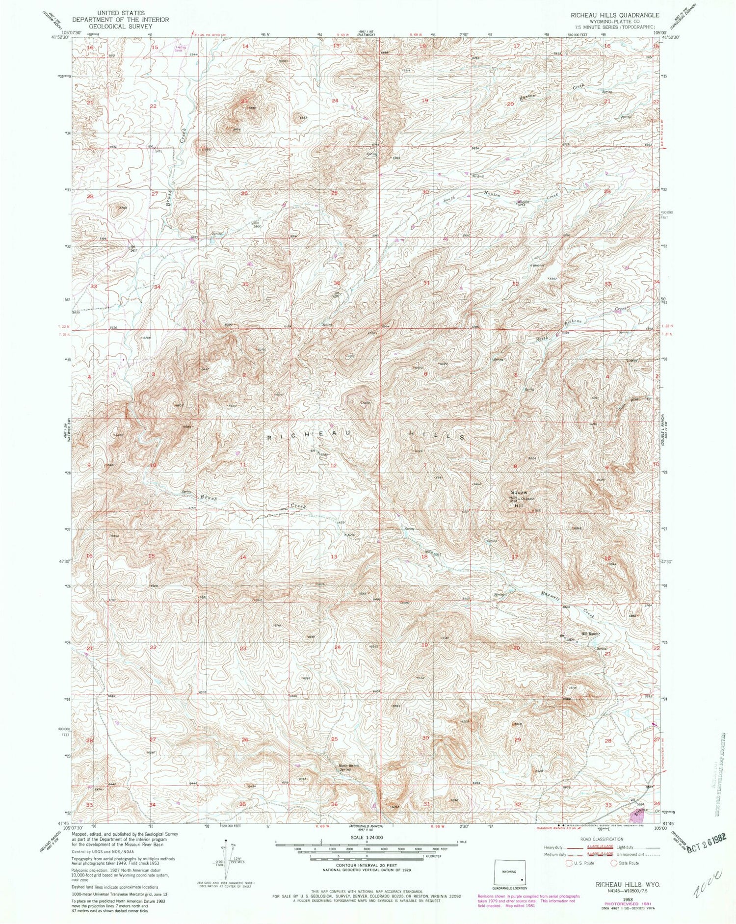 Classic USGS Richeau Hills Wyoming 7.5'x7.5' Topo Map Image