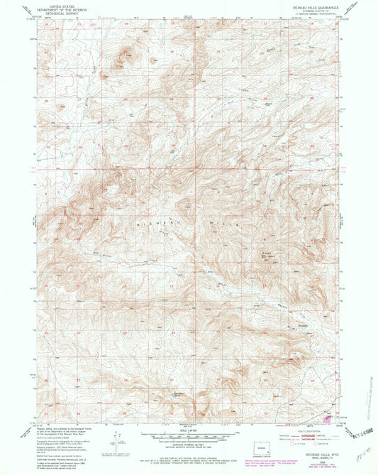 Classic USGS Richeau Hills Wyoming 7.5'x7.5' Topo Map Image