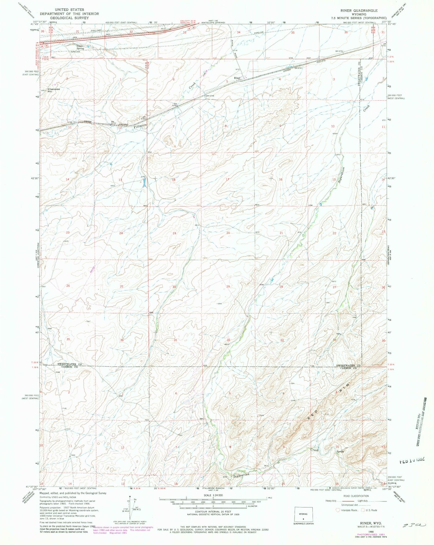 Classic USGS Riner Wyoming 7.5'x7.5' Topo Map Image
