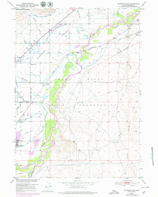 Classic USGS Riverton East Wyoming 7.5'x7.5' Topo Map Image