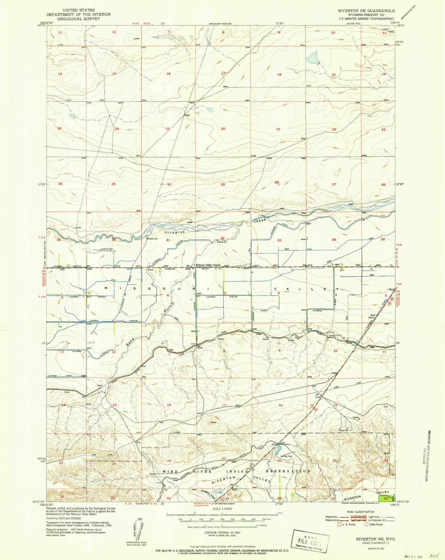 Classic USGS Riverton NE Wyoming 7.5'x7.5' Topo Map Image