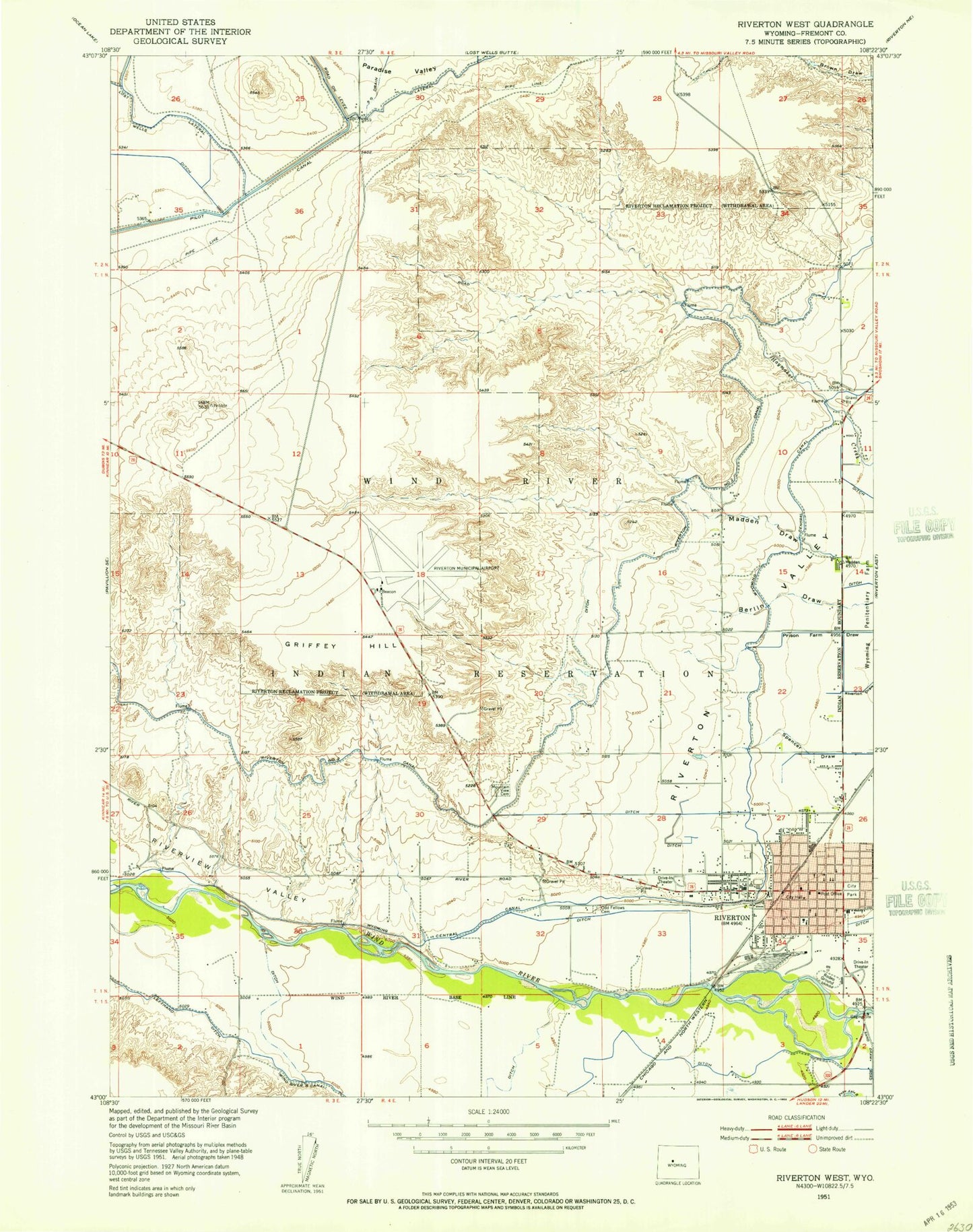 Classic USGS Riverton West Wyoming 7.5'x7.5' Topo Map Image