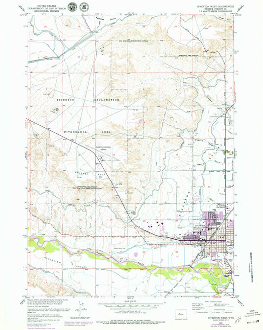 Classic USGS Riverton West Wyoming 7.5'x7.5' Topo Map Image