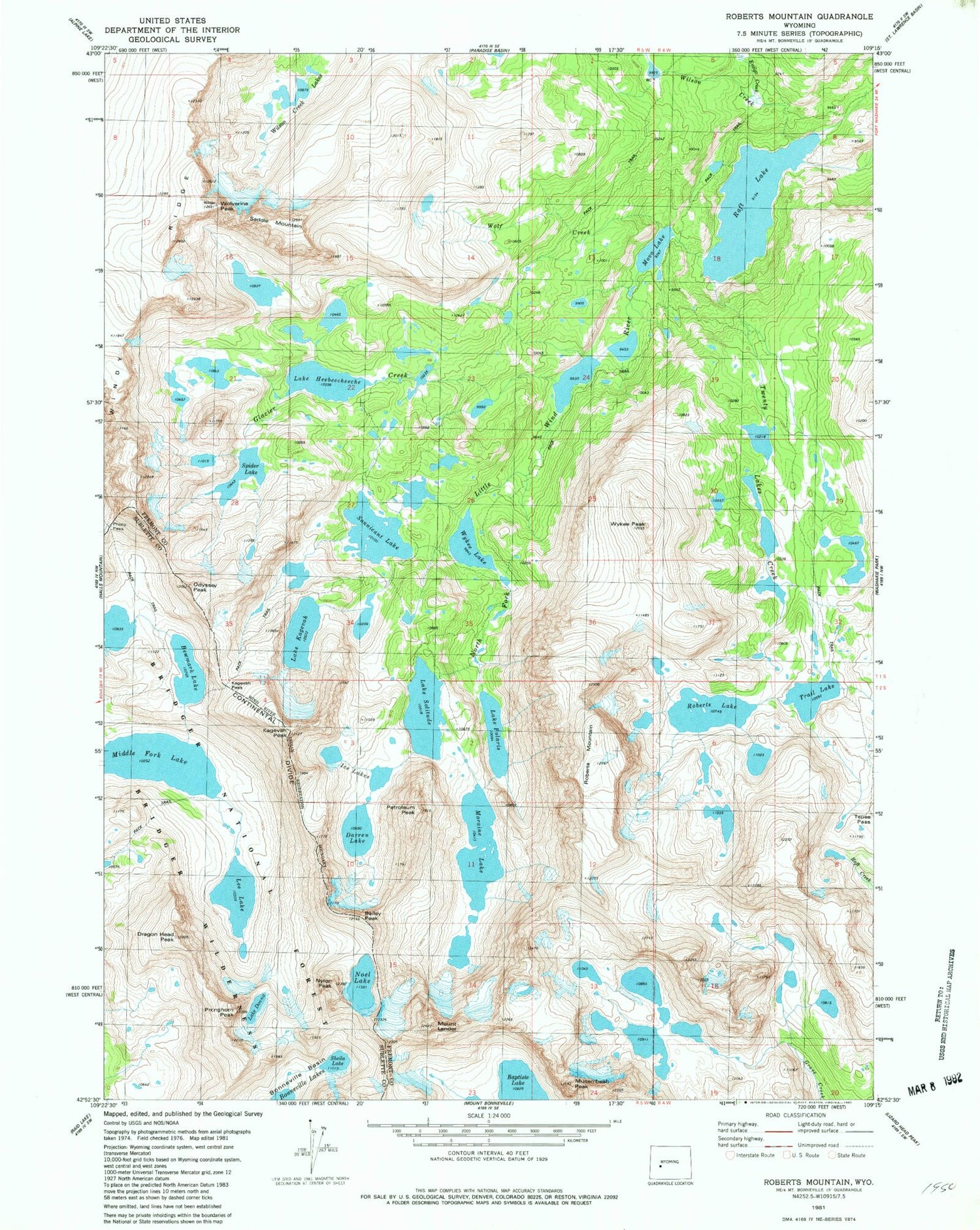 USGS Classic Roberts Mountain Wyoming 7.5'x7.5' Topo Map Image