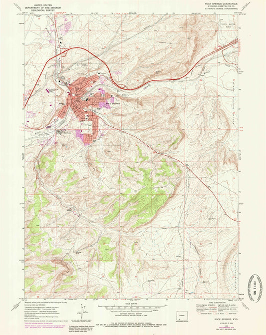 Classic USGS Rock Springs Wyoming 7.5'x7.5' Topo Map Image