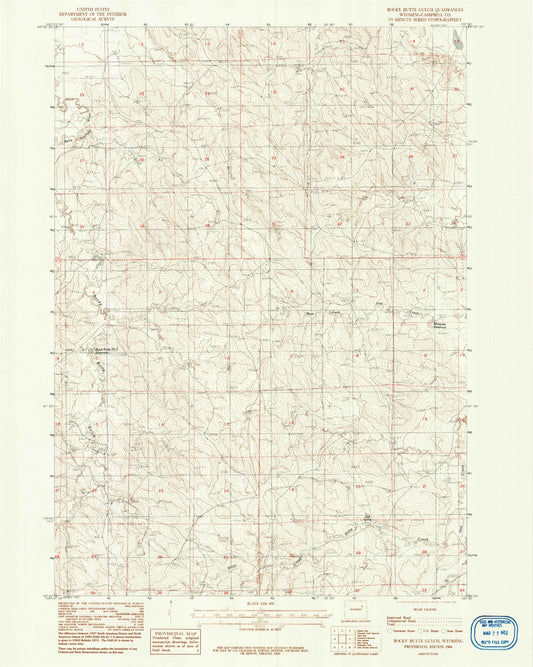 Classic USGS Rocky Butte Gulch Wyoming 7.5'x7.5' Topo Map Image