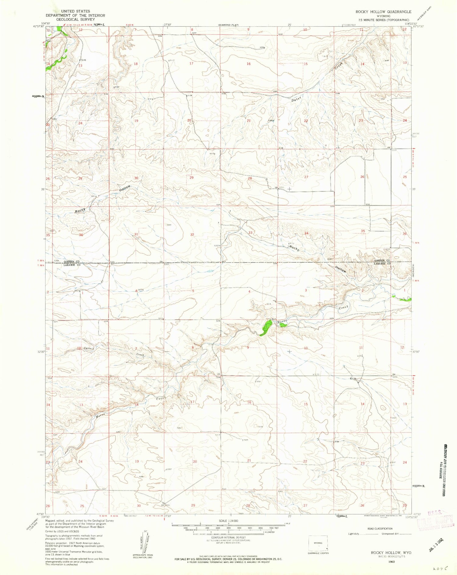 Classic USGS Rocky Hollow Wyoming 7.5'x7.5' Topo Map Image