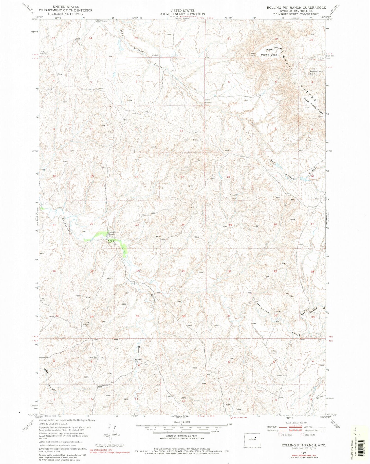 Classic USGS Rolling Pin Ranch Wyoming 7.5'x7.5' Topo Map Image