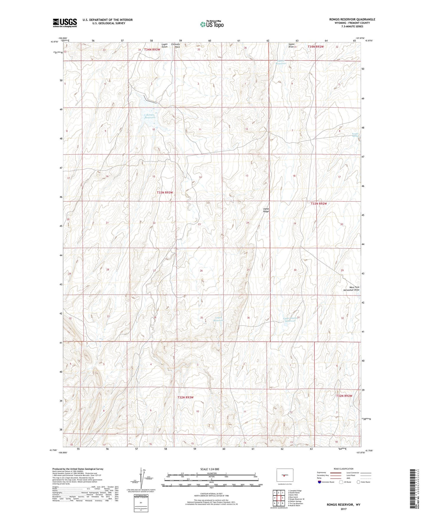 Rongis Reservoir Wyoming US Topo Map Image
