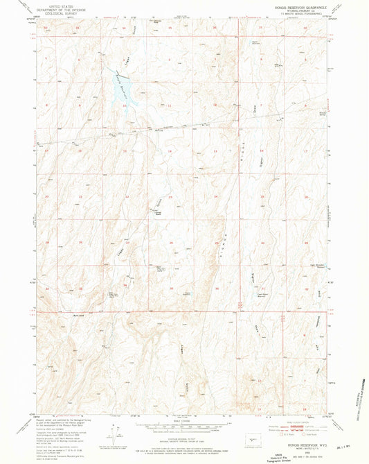 Classic USGS Rongis Reservoir Wyoming 7.5'x7.5' Topo Map Image