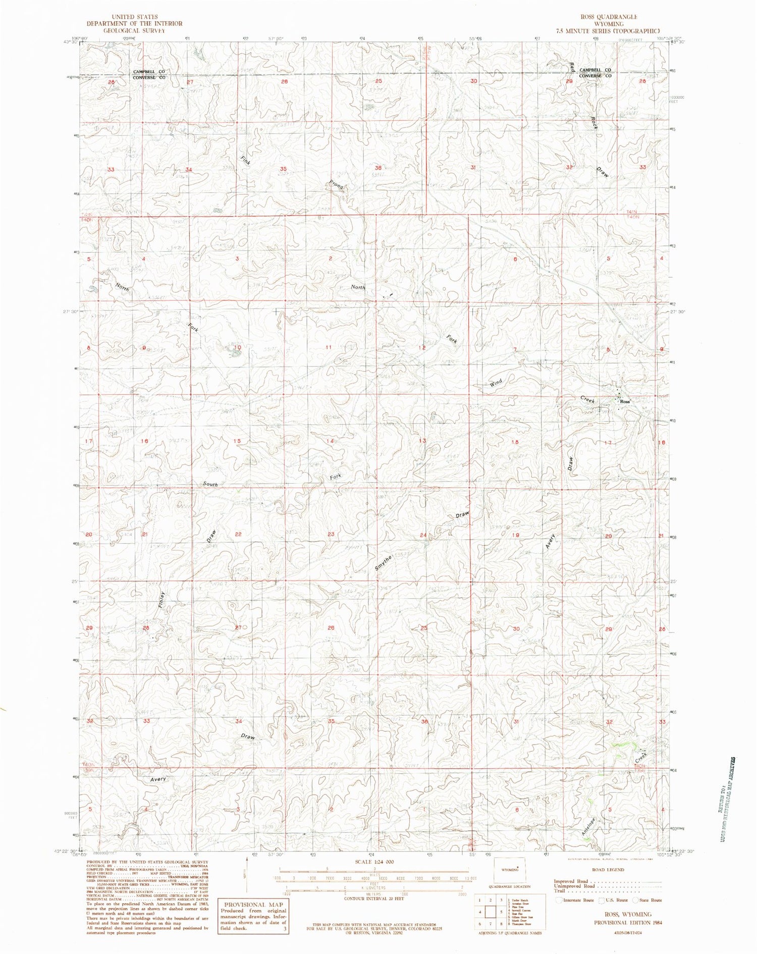 Classic USGS Ross Wyoming 7.5'x7.5' Topo Map Image