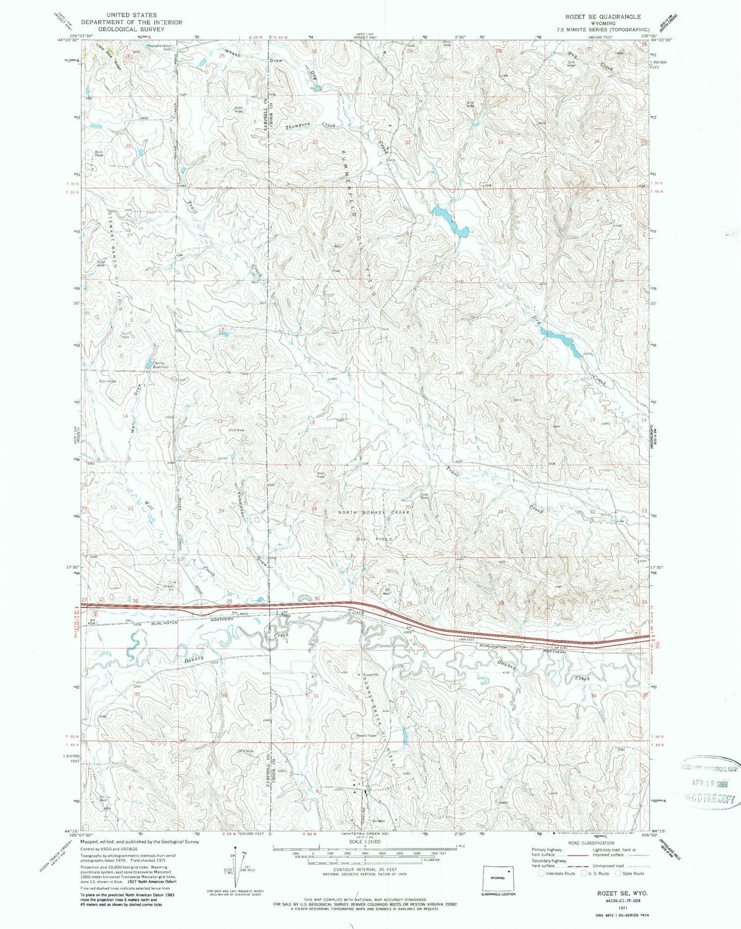 Classic USGS Rozet SE Wyoming 7.5'x7.5' Topo Map Image
