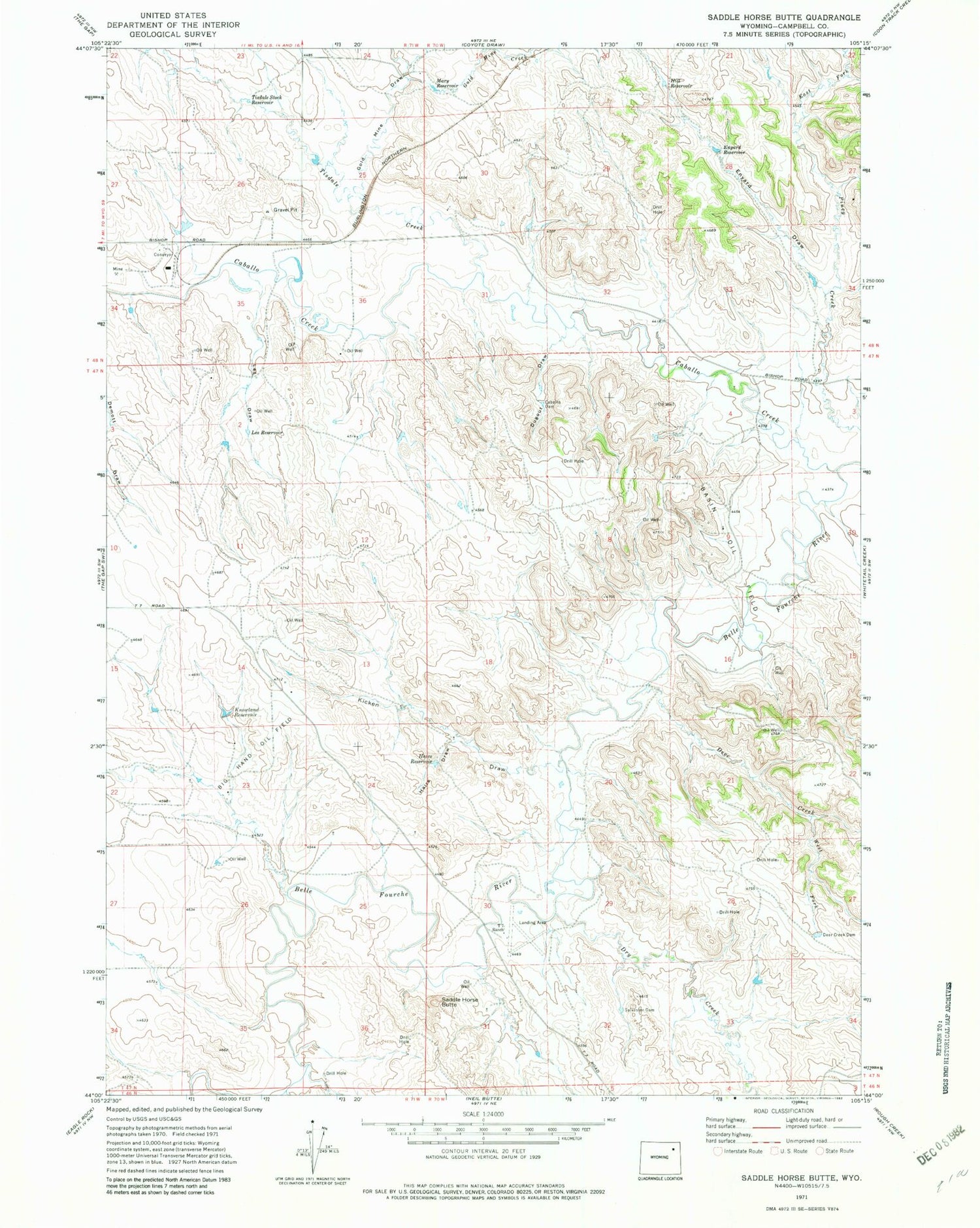 Classic USGS Saddle Horse Butte Wyoming 7.5'x7.5' Topo Map Image