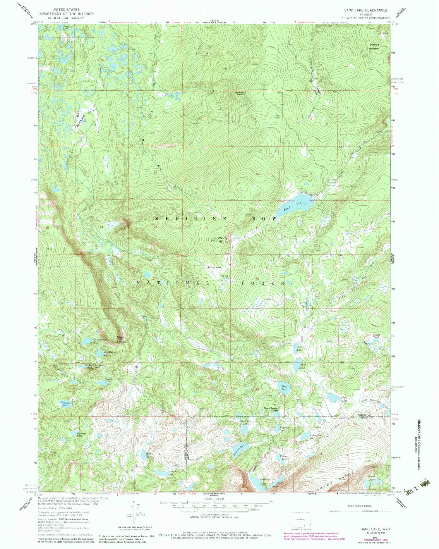 USGS Classic Sand Lake Wyoming 7.5'x7.5' Topo Map Image