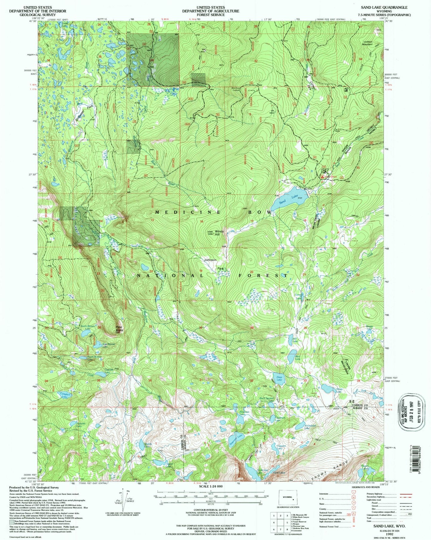 USGS Classic Sand Lake Wyoming 7.5'x7.5' Topo Map Image