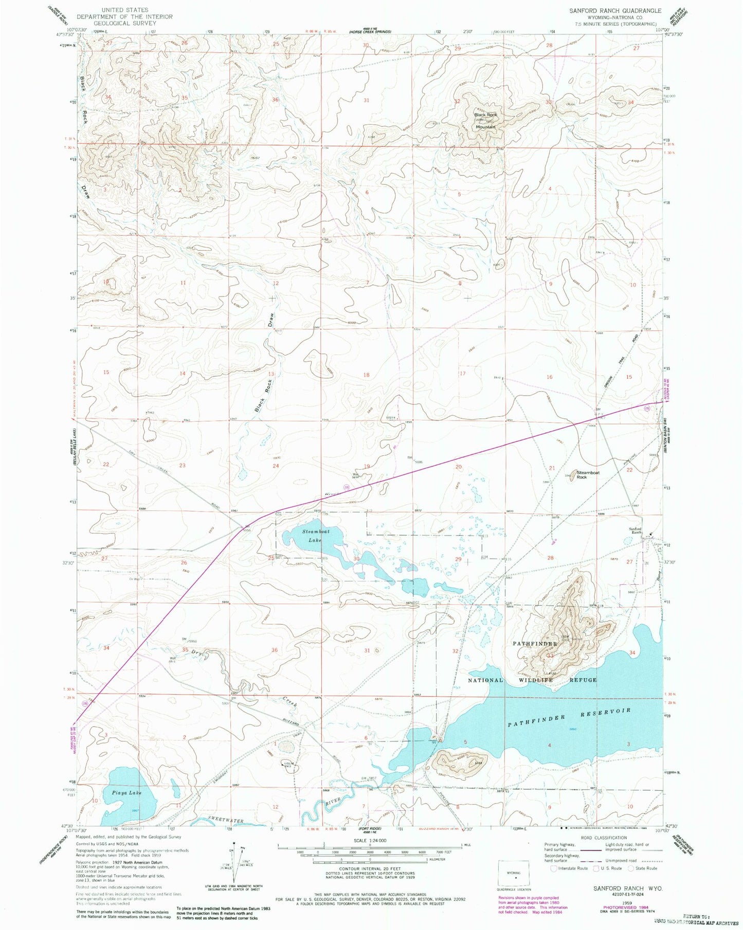 Classic USGS Sanford Ranch Wyoming 7.5'x7.5' Topo Map Image