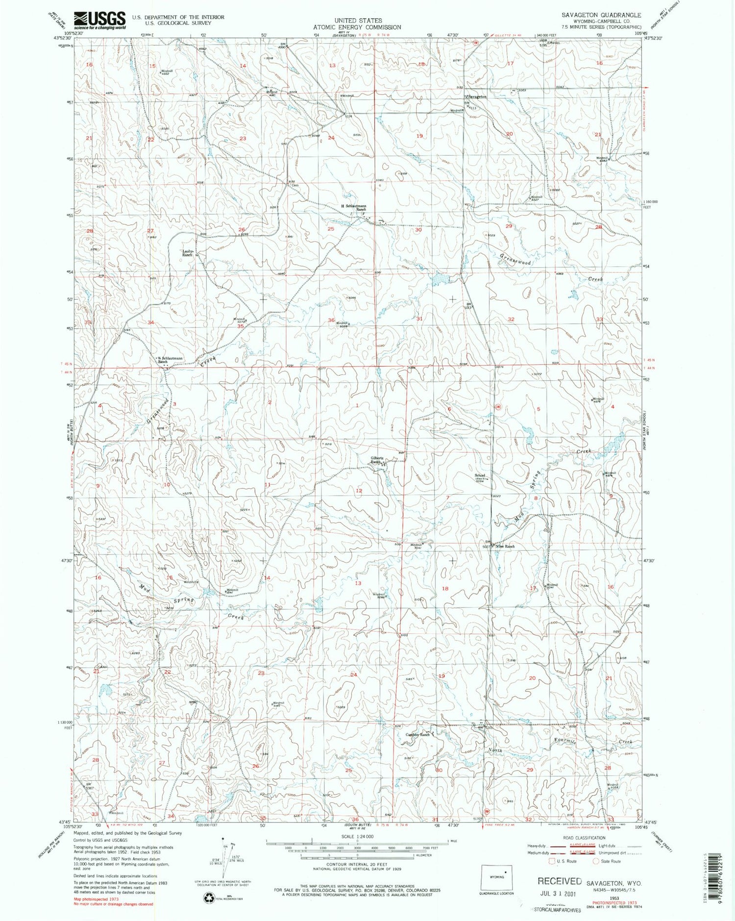 Classic USGS Savageton Wyoming 7.5'x7.5' Topo Map Image