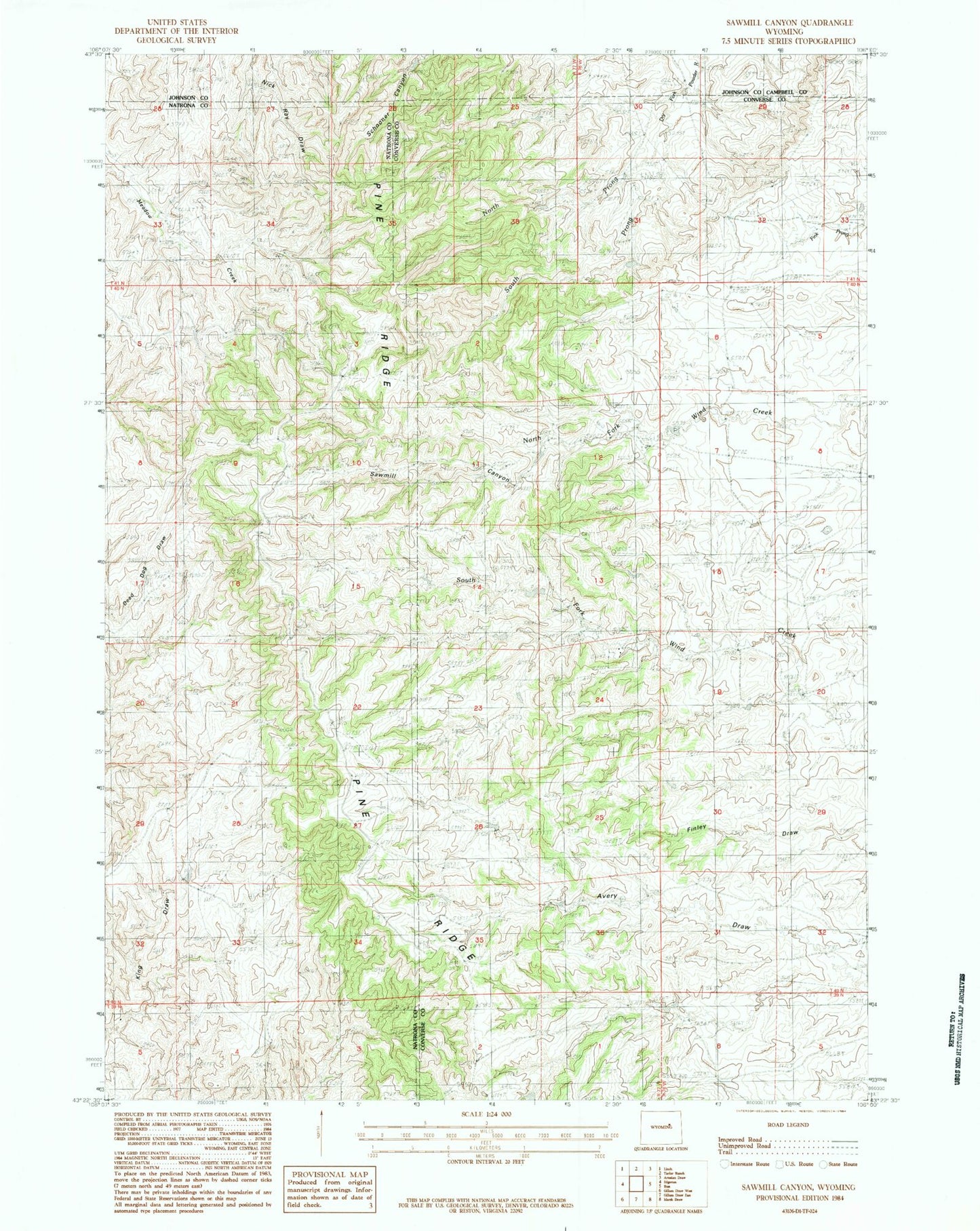 Classic USGS Sawmill Canyon Wyoming 7.5'x7.5' Topo Map Image
