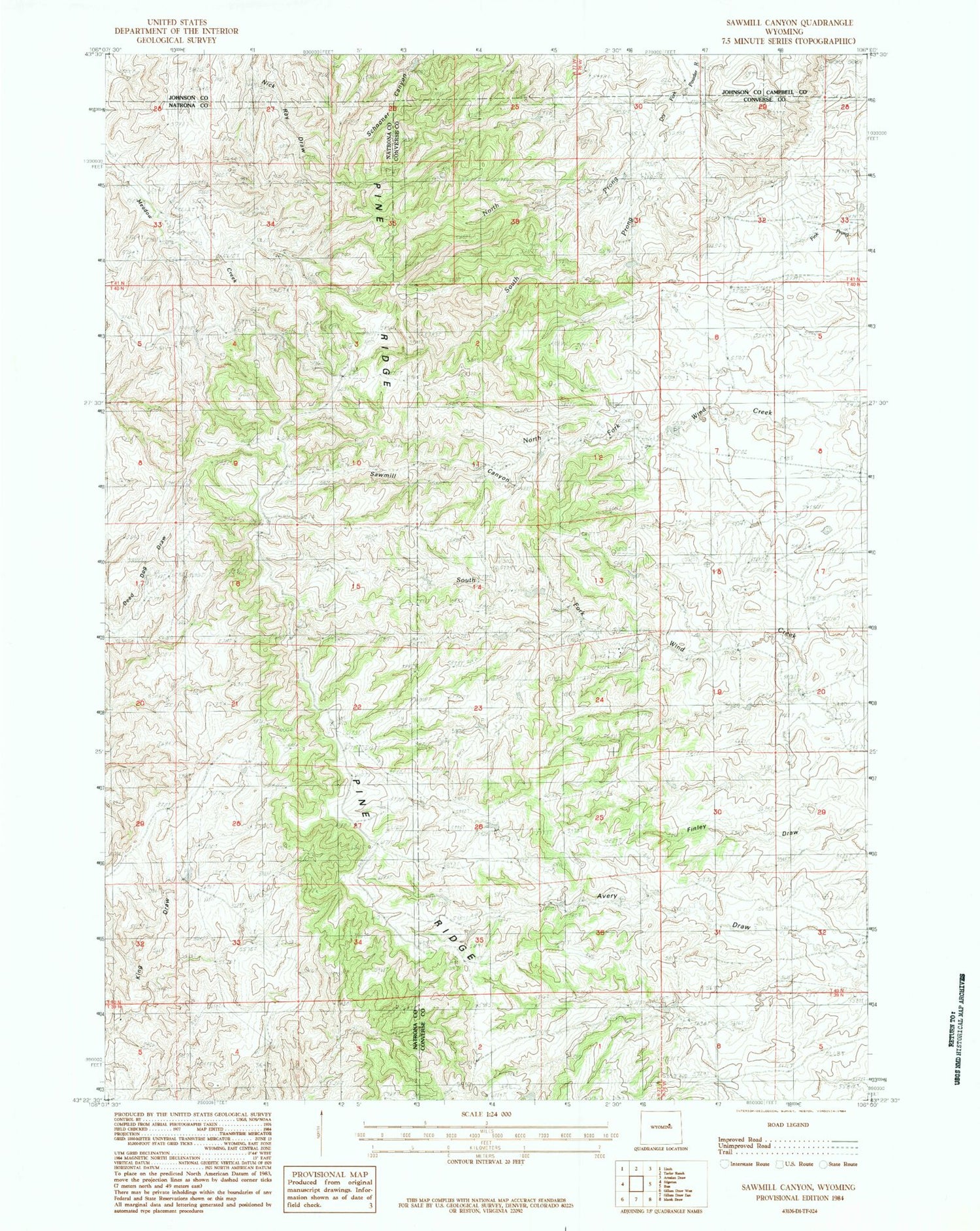 Classic USGS Sawmill Canyon Wyoming 7.5'x7.5' Topo Map Image