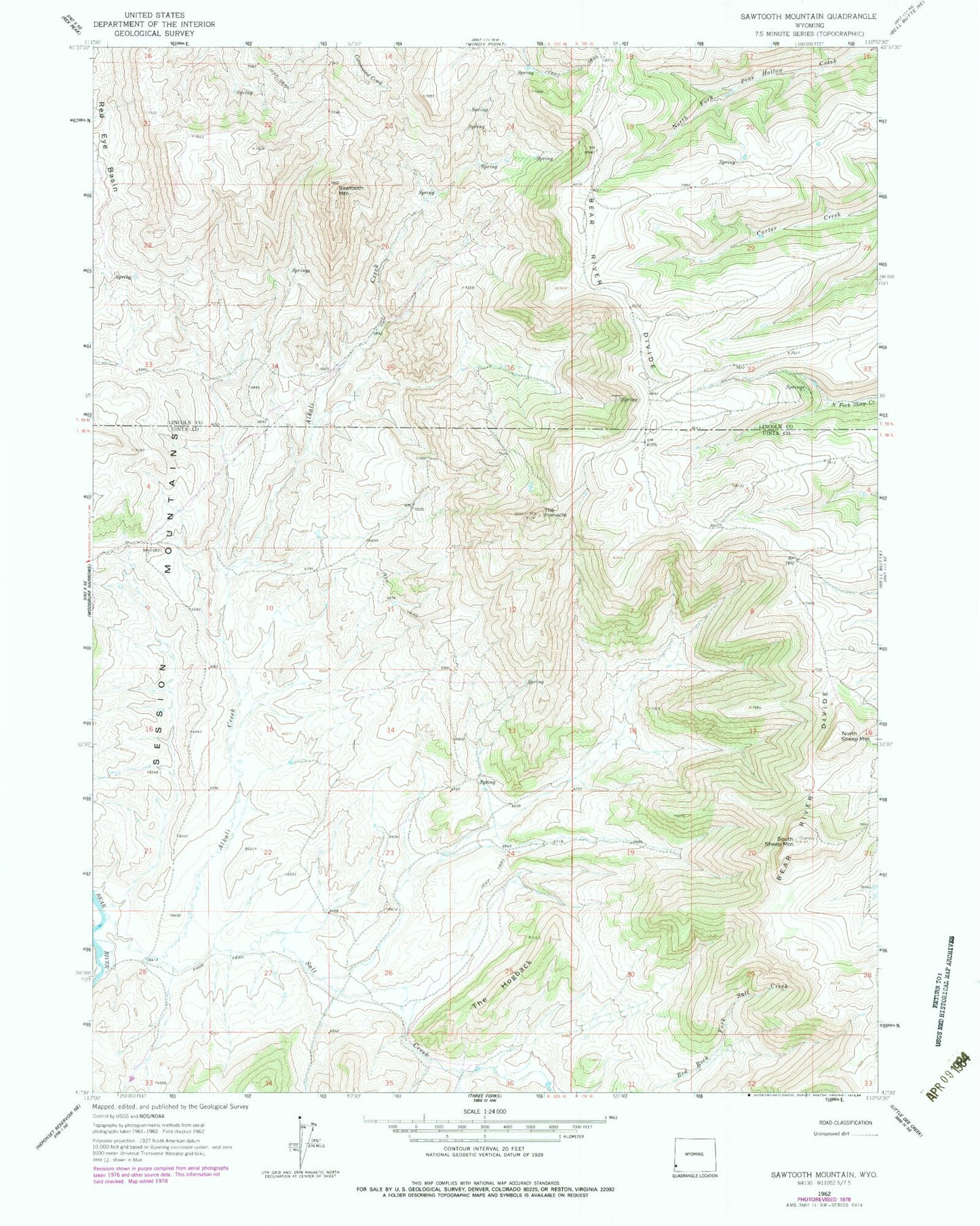 Classic USGS Sawtooth Mountain Wyoming 7.5'x7.5' Topo Map Image