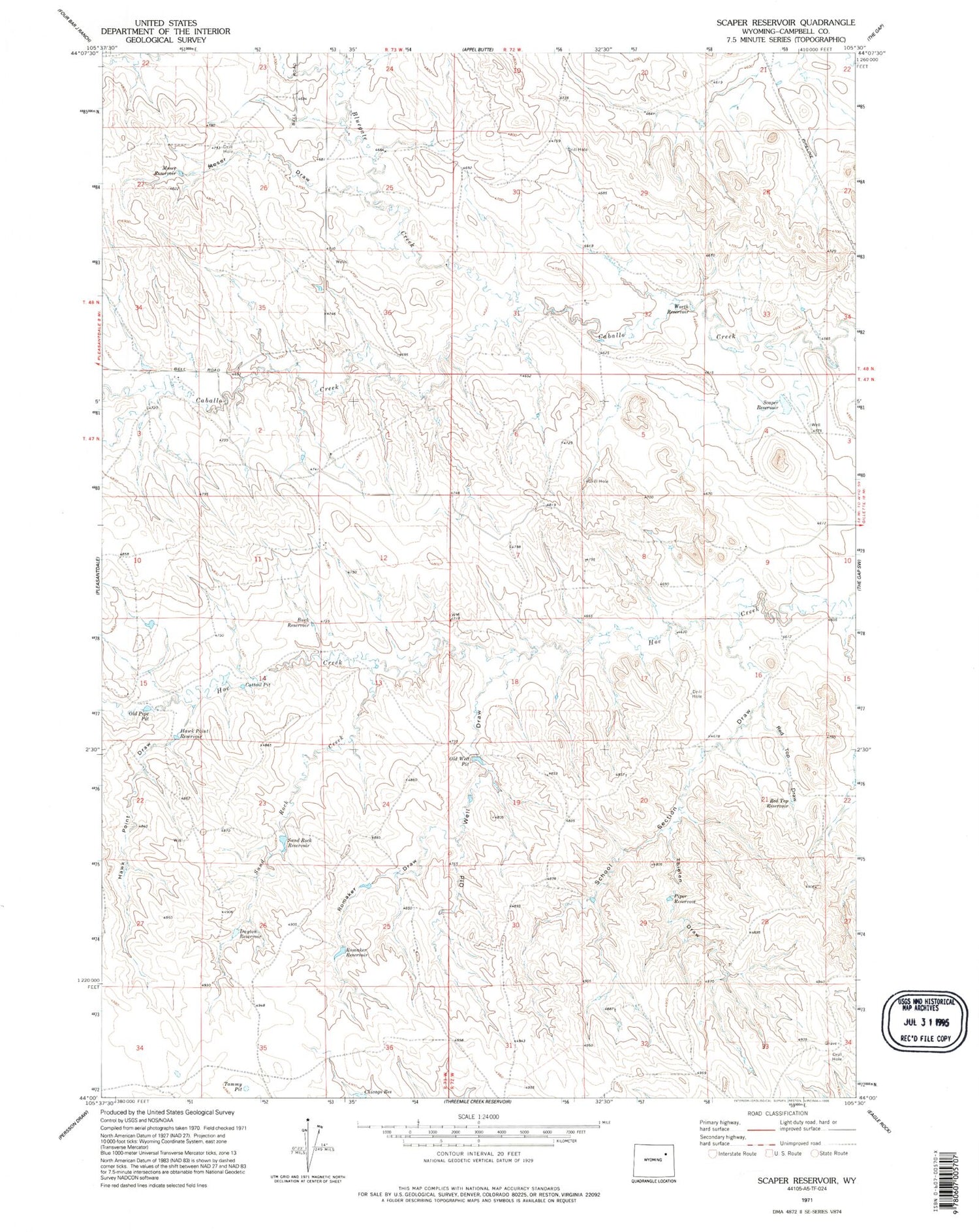 Classic USGS Scaper Reservoir Wyoming 7.5'x7.5' Topo Map Image