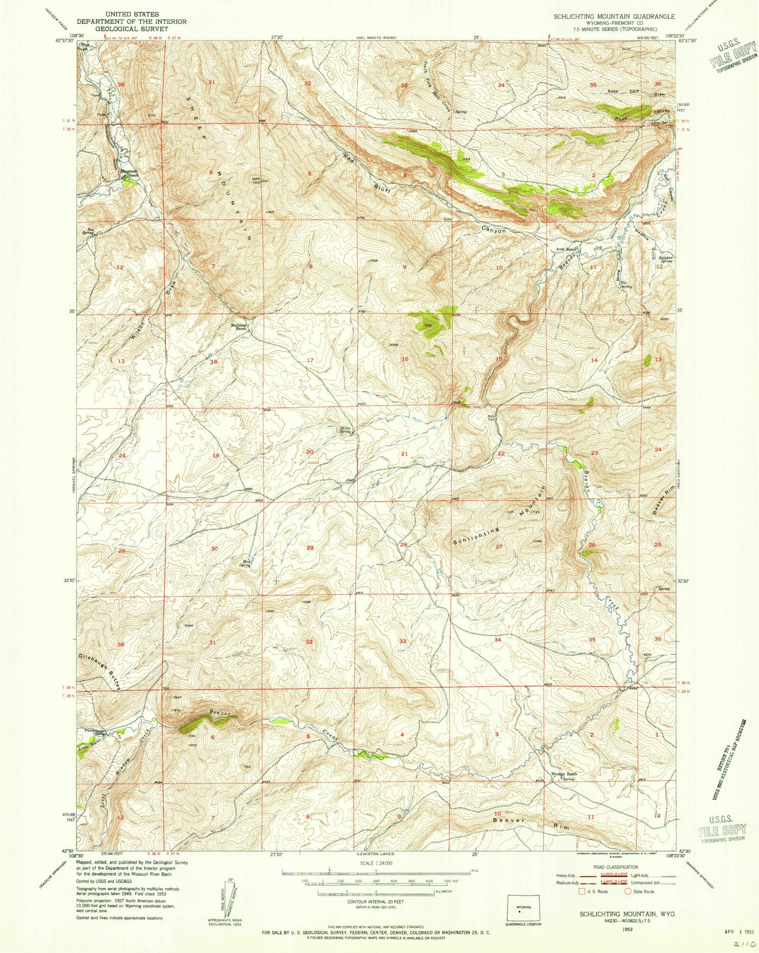 Classic USGS Schoettlin Mountain Wyoming 7.5'x7.5' Topo Map Image