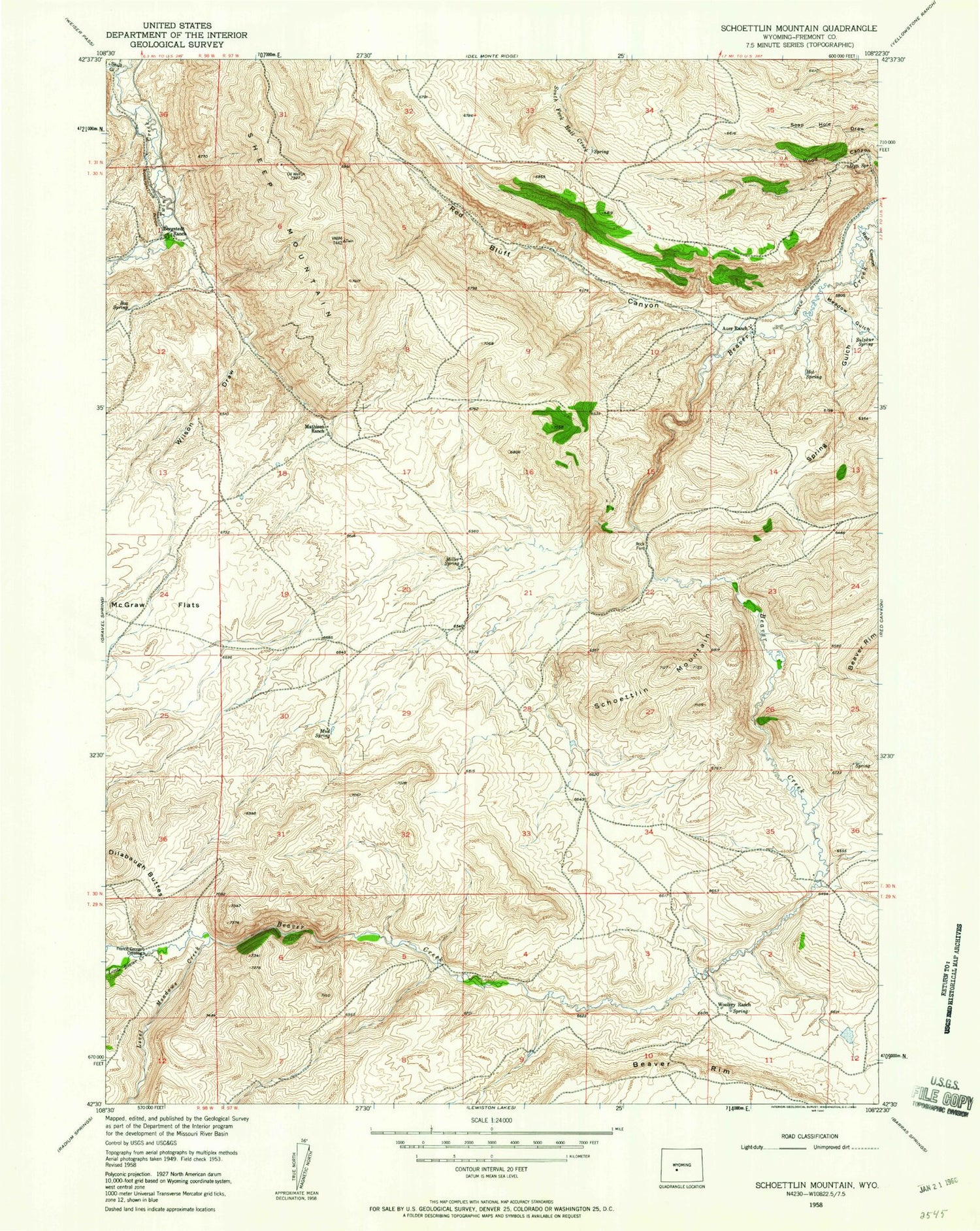 Classic USGS Schoettlin Mountain Wyoming 7.5'x7.5' Topo Map Image