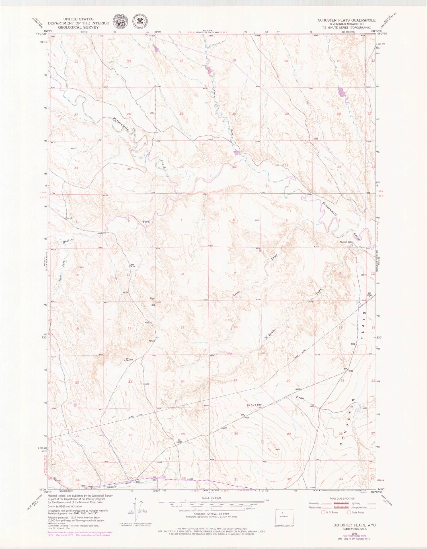 Classic USGS Schuster Flats Wyoming 7.5'x7.5' Topo Map Image