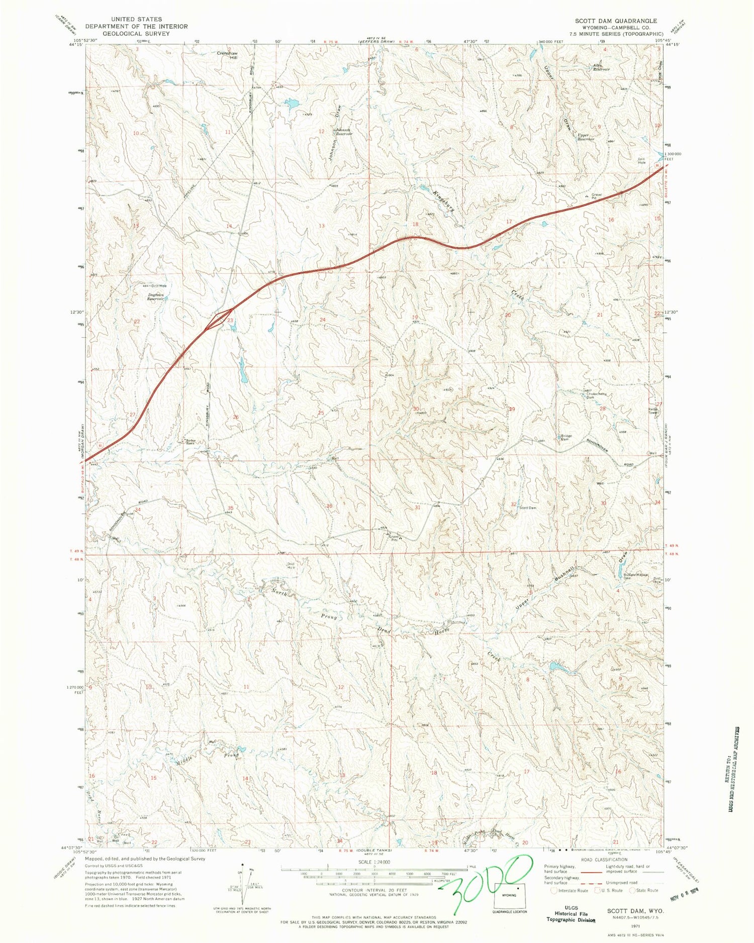 Classic USGS Scott Dam Wyoming 7.5'x7.5' Topo Map Image