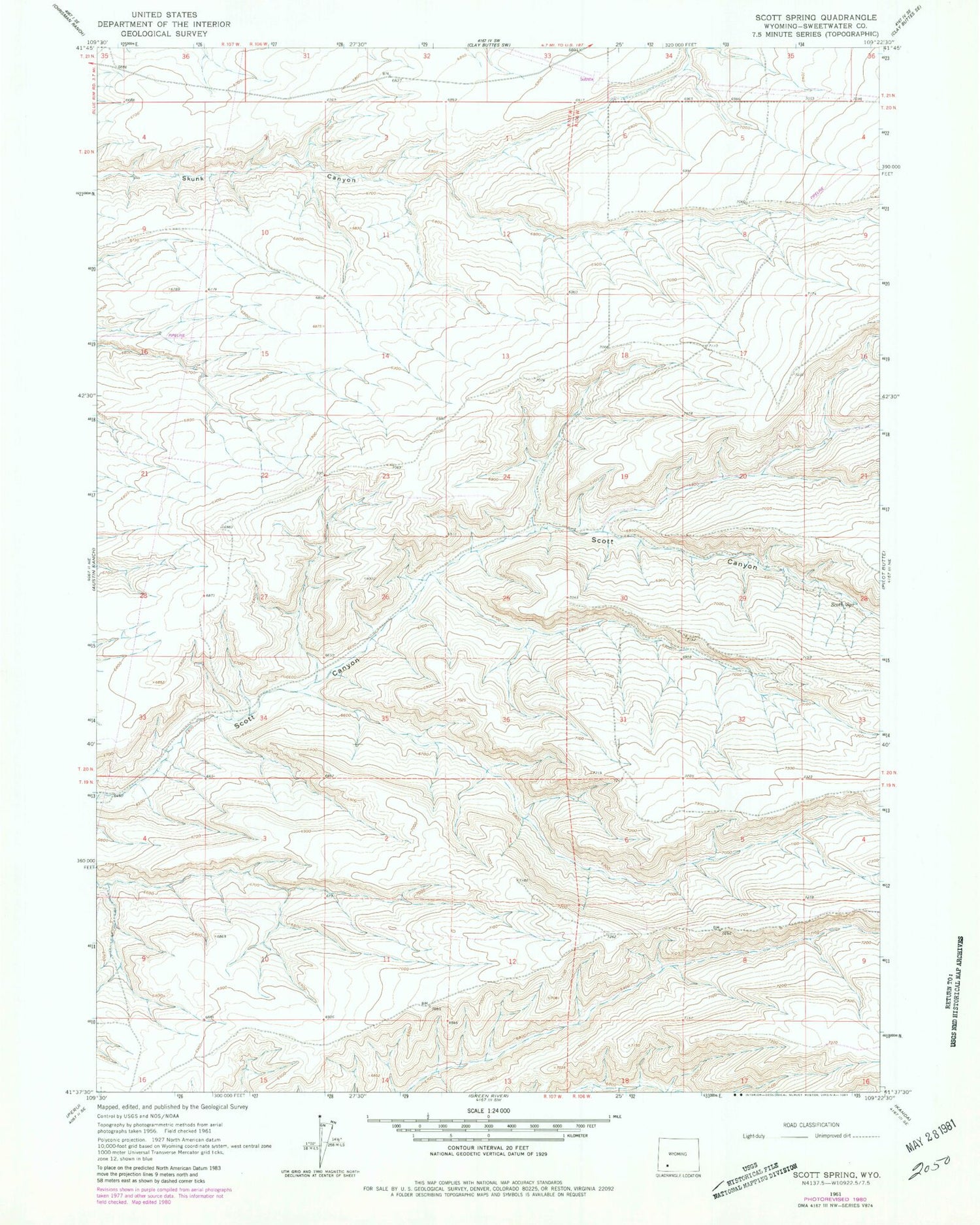 Classic USGS Scott Spring Wyoming 7.5'x7.5' Topo Map Image