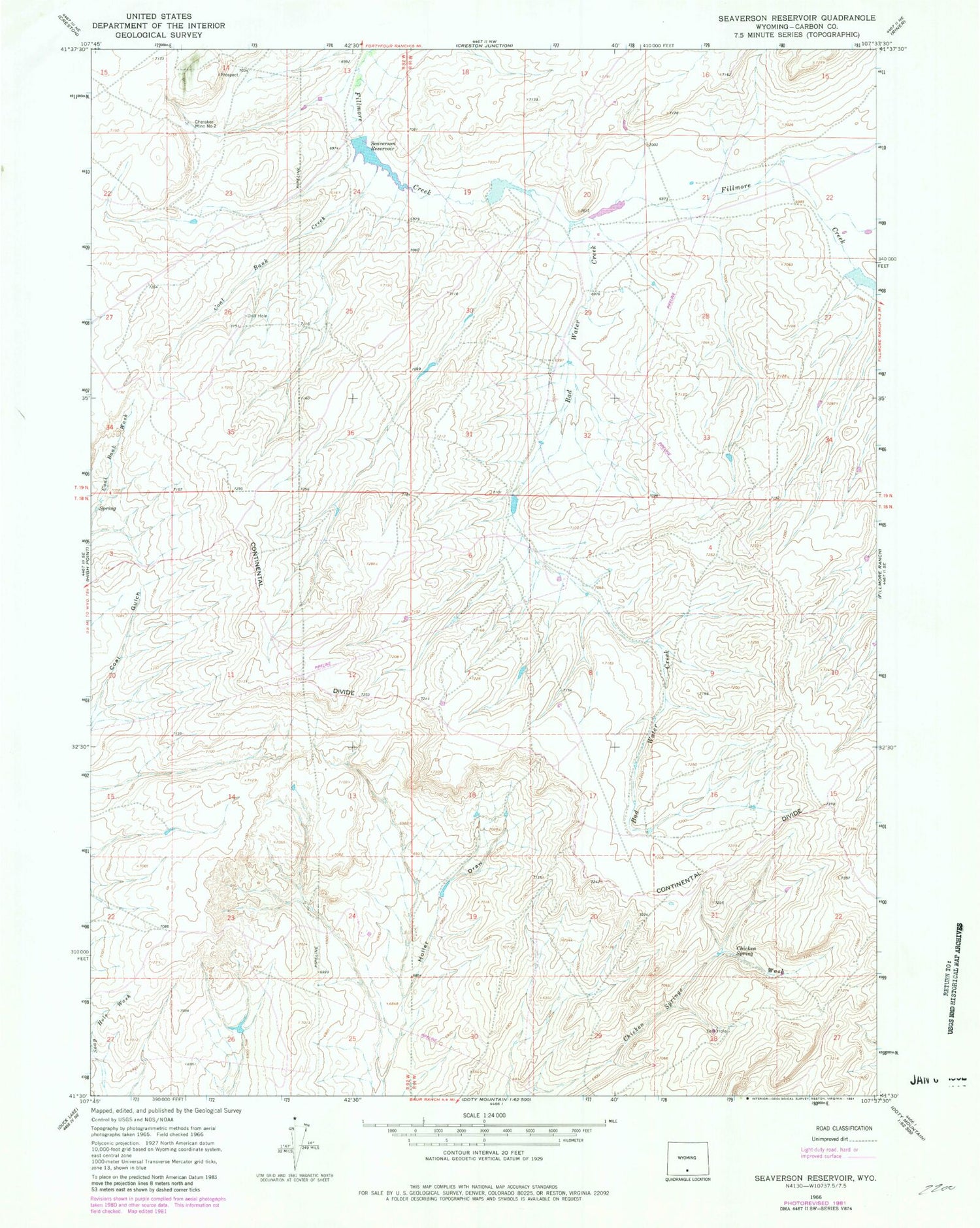 Classic USGS Seaverson Reservoir Wyoming 7.5'x7.5' Topo Map Image