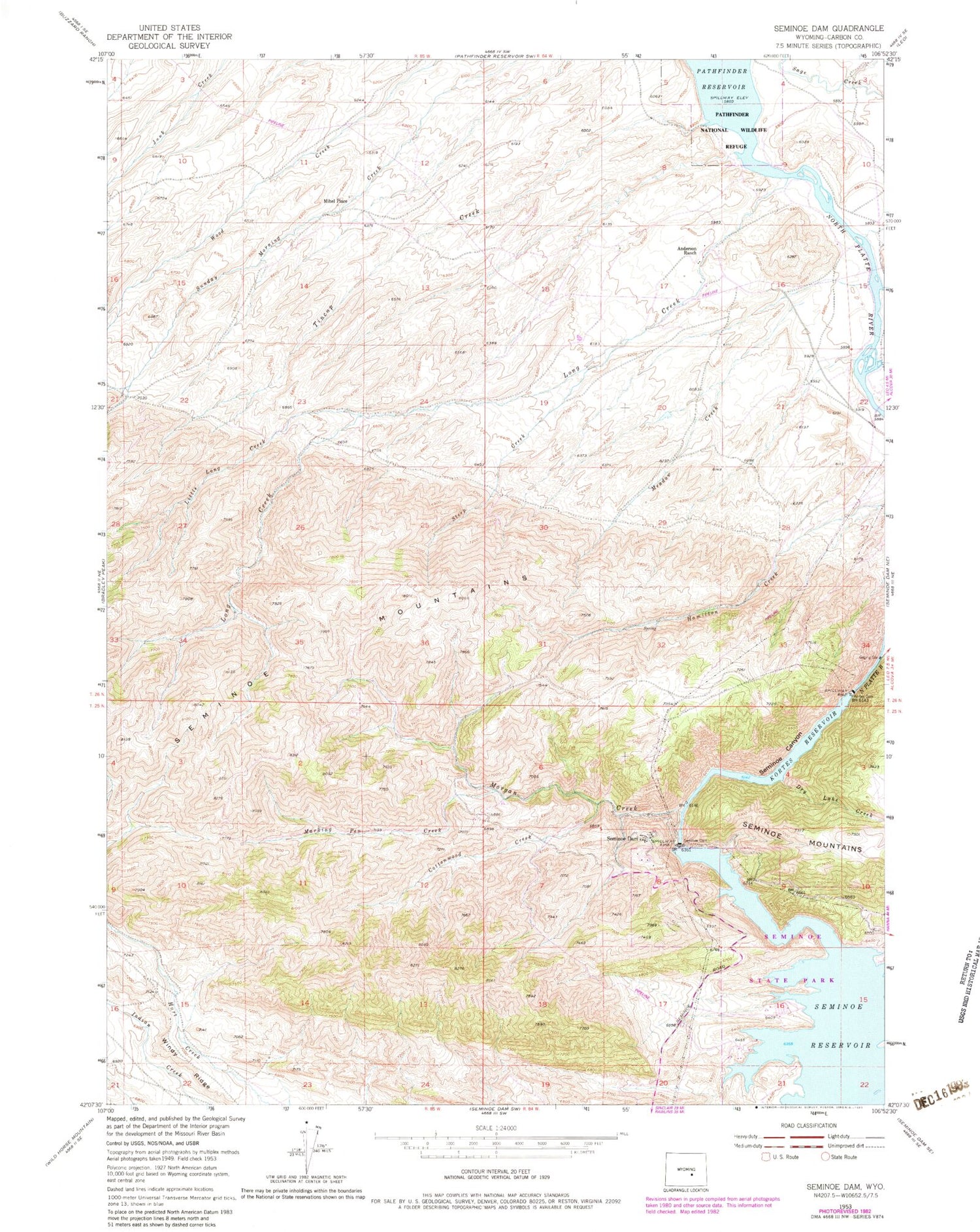 Classic USGS Seminoe Dam Wyoming 7.5'x7.5' Topo Map Image