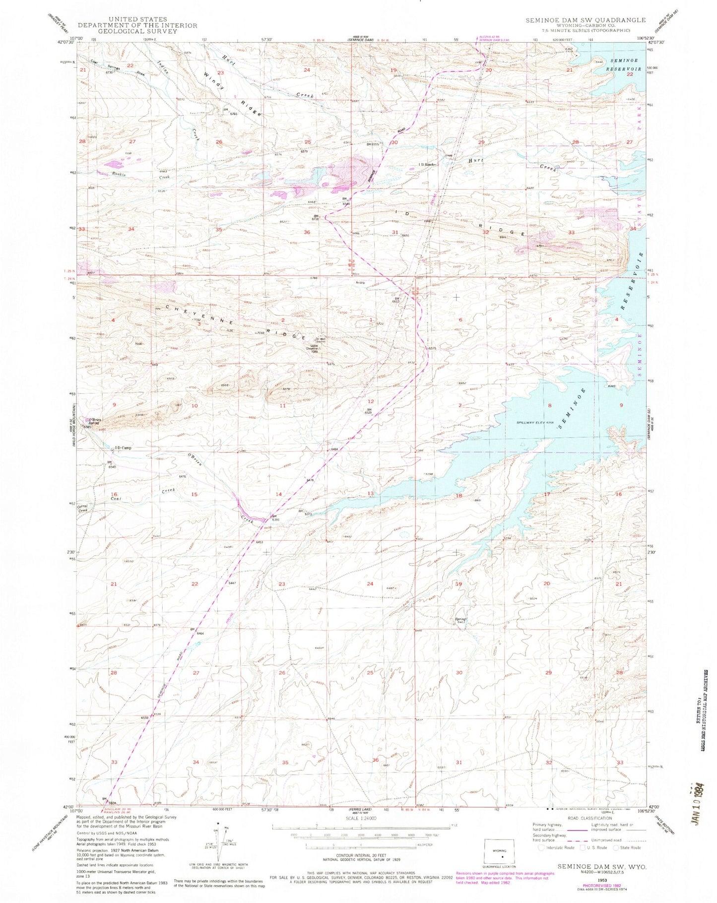 Classic USGS Seminoe Dam SW Wyoming 7.5'x7.5' Topo Map Image