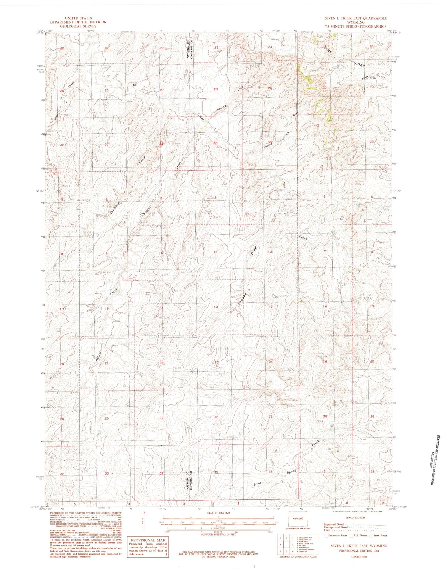 Classic USGS Seven L Creek East Wyoming 7.5'x7.5' Topo Map Image