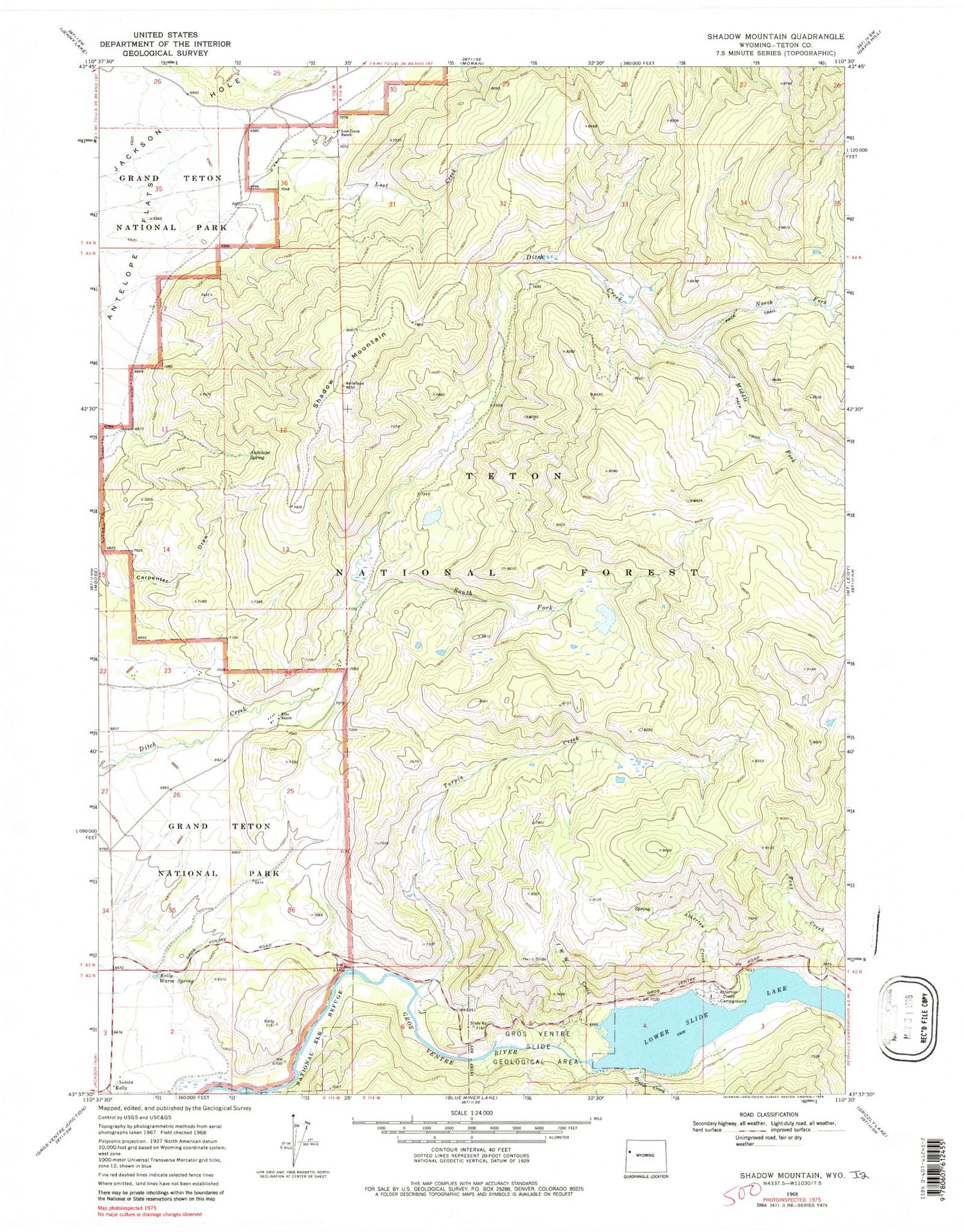 Classic USGS Shadow Mountain Wyoming 7.5'x7.5' Topo Map Image