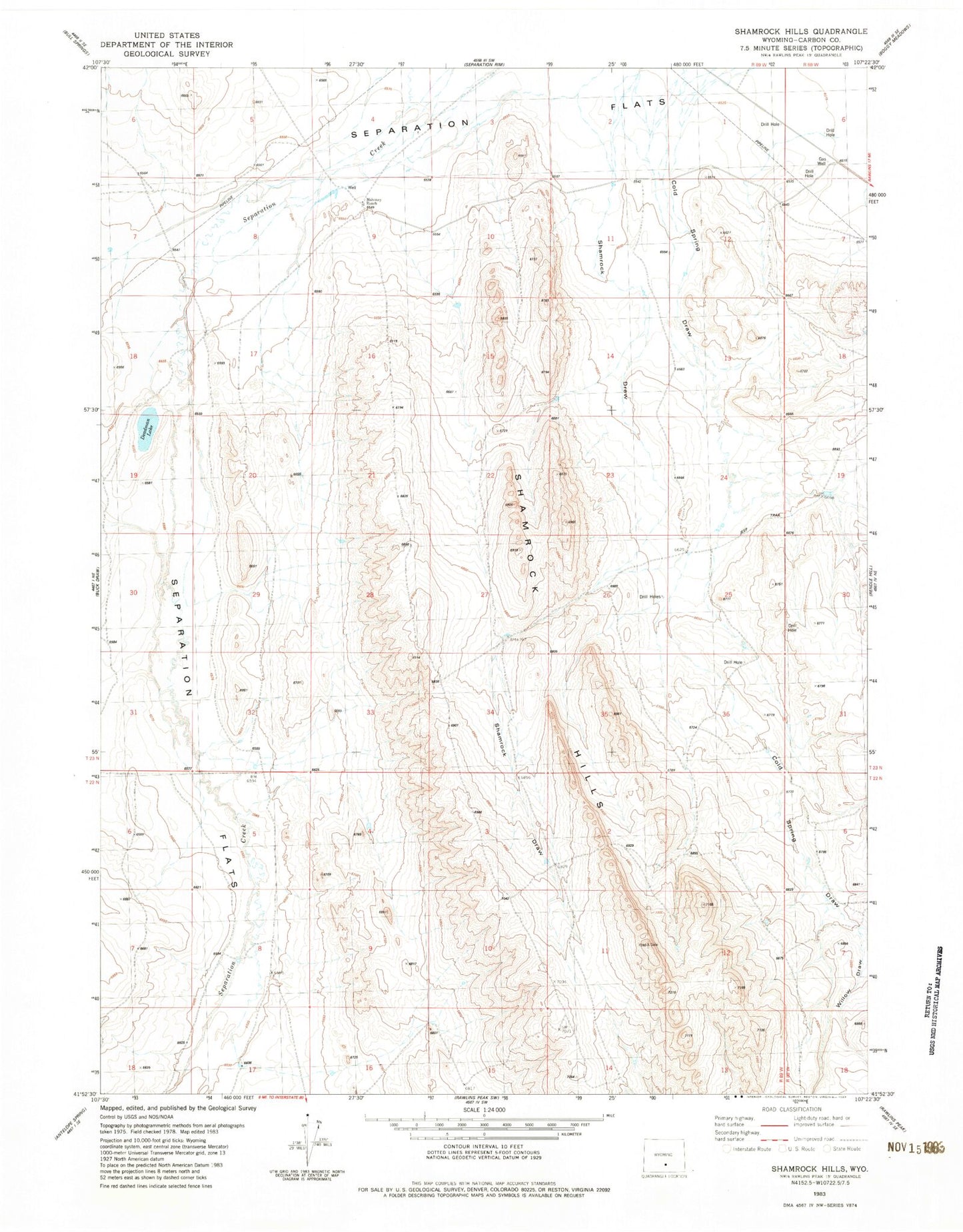 Classic USGS Shamrock Hills Wyoming 7.5'x7.5' Topo Map Image