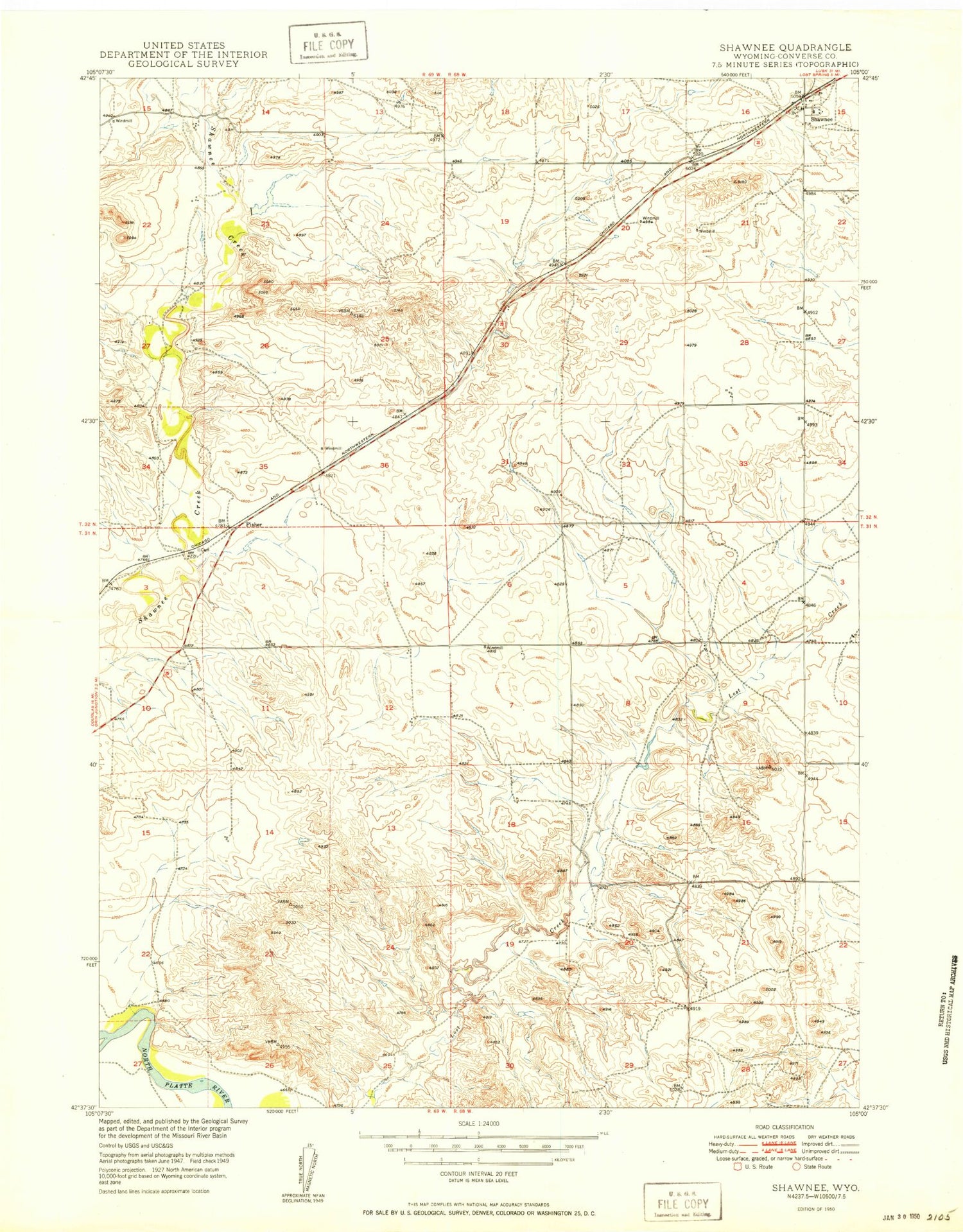 Classic USGS Shawnee Wyoming 7.5'x7.5' Topo Map Image