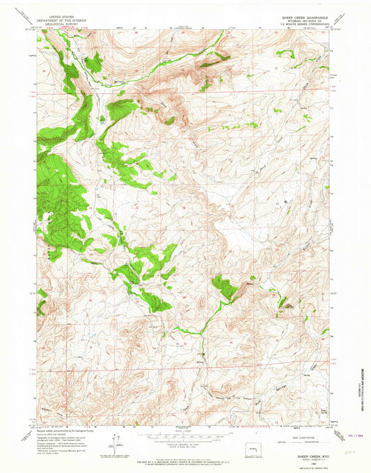 Classic USGS Sheep Creek Wyoming 7.5'x7.5' Topo Map Image