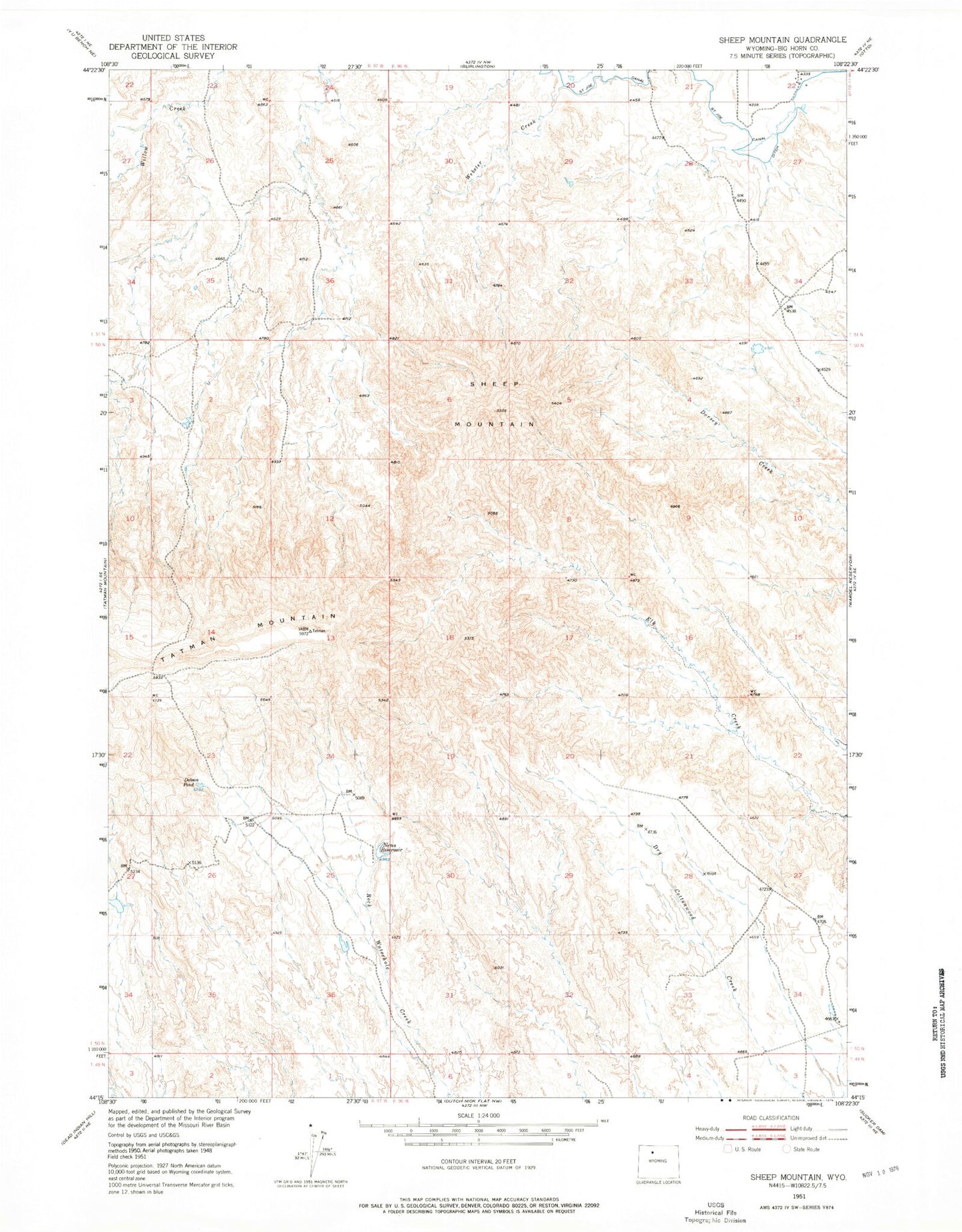 Classic USGS Sheep Mountain Wyoming 7.5'x7.5' Topo Map Image