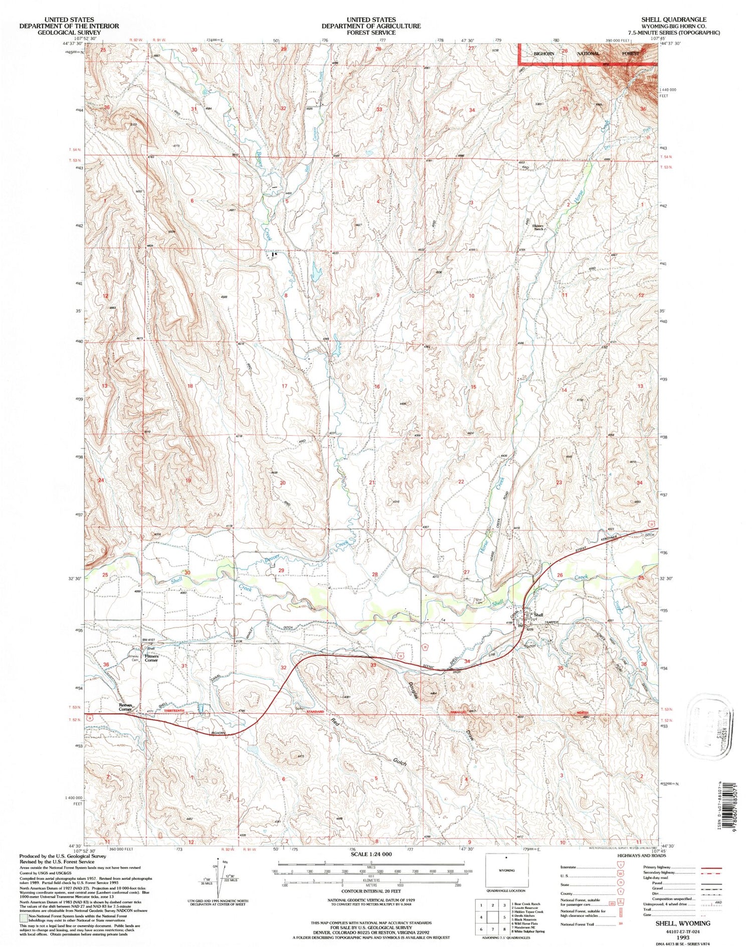 Classic USGS Shell Wyoming 7.5'x7.5' Topo Map Image