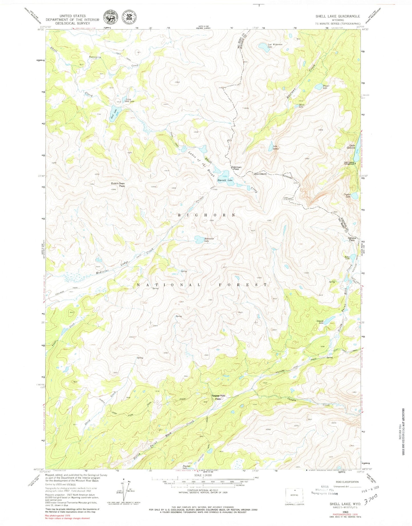 Classic USGS Shell Lake Wyoming 7.5'x7.5' Topo Map Image
