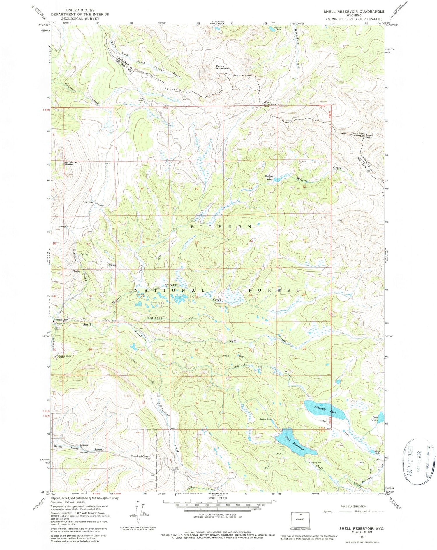 Classic USGS Shell Reservoir Wyoming 7.5'x7.5' Topo Map Image
