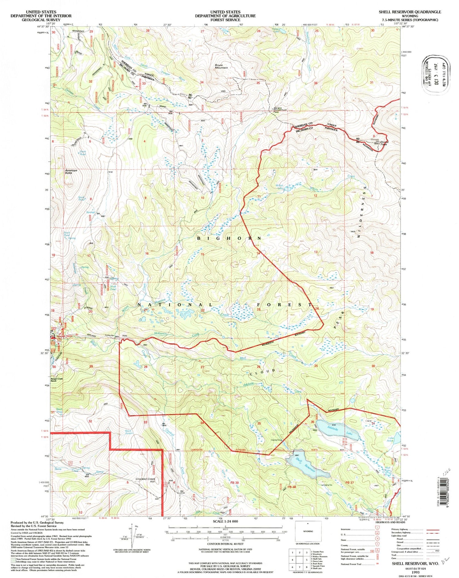 Classic USGS Shell Reservoir Wyoming 7.5'x7.5' Topo Map Image
