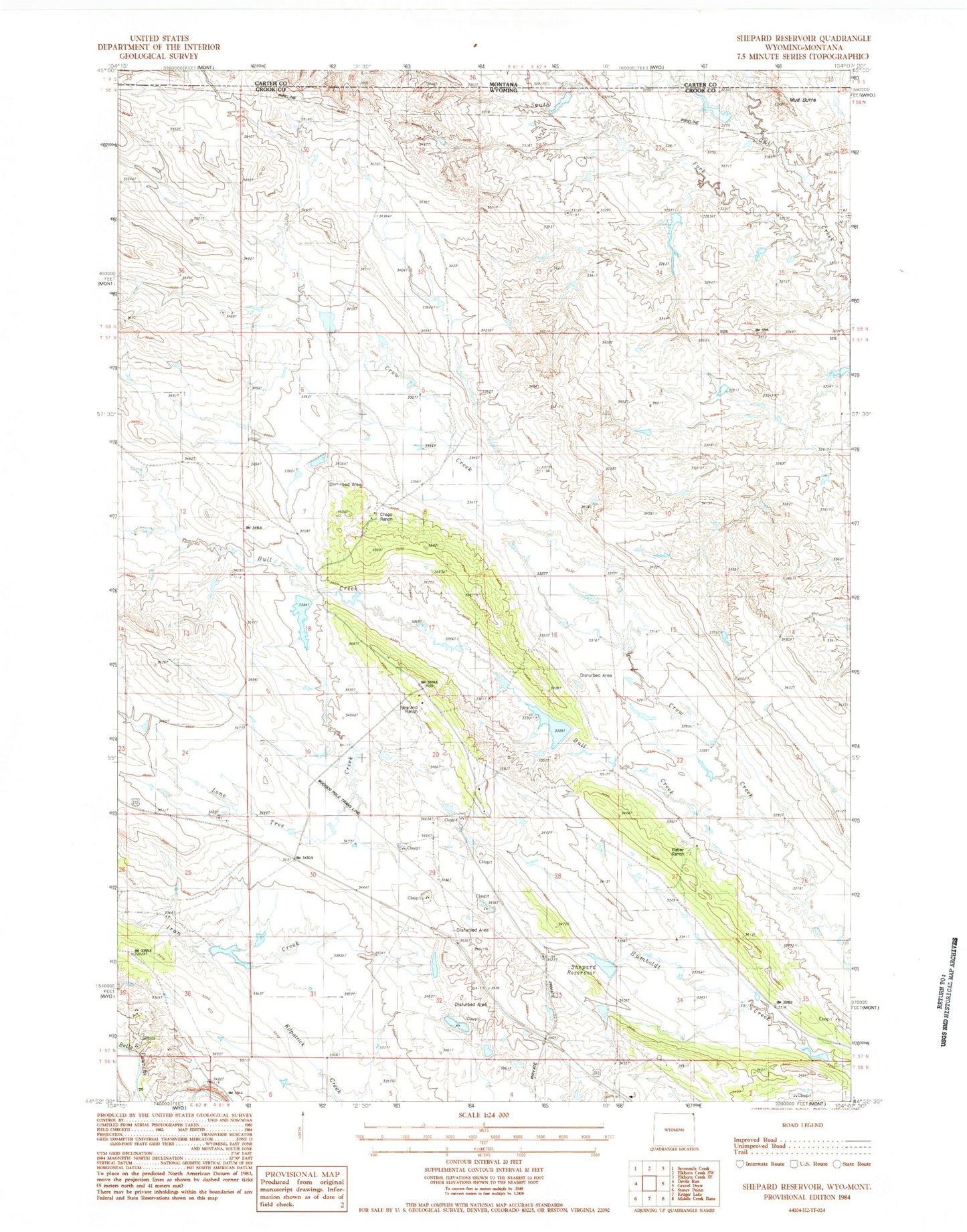 Classic USGS Shepard Reservoir Wyoming 7.5'x7.5' Topo Map Image