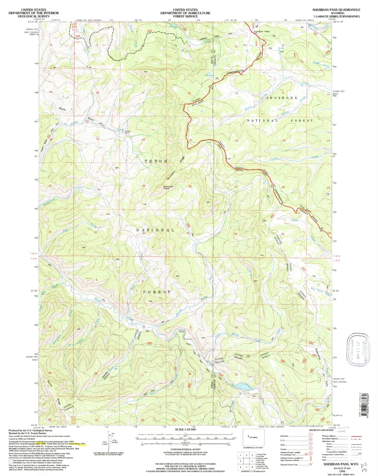 Classic USGS Sheridan Pass Wyoming 7.5'x7.5' Topo Map Image