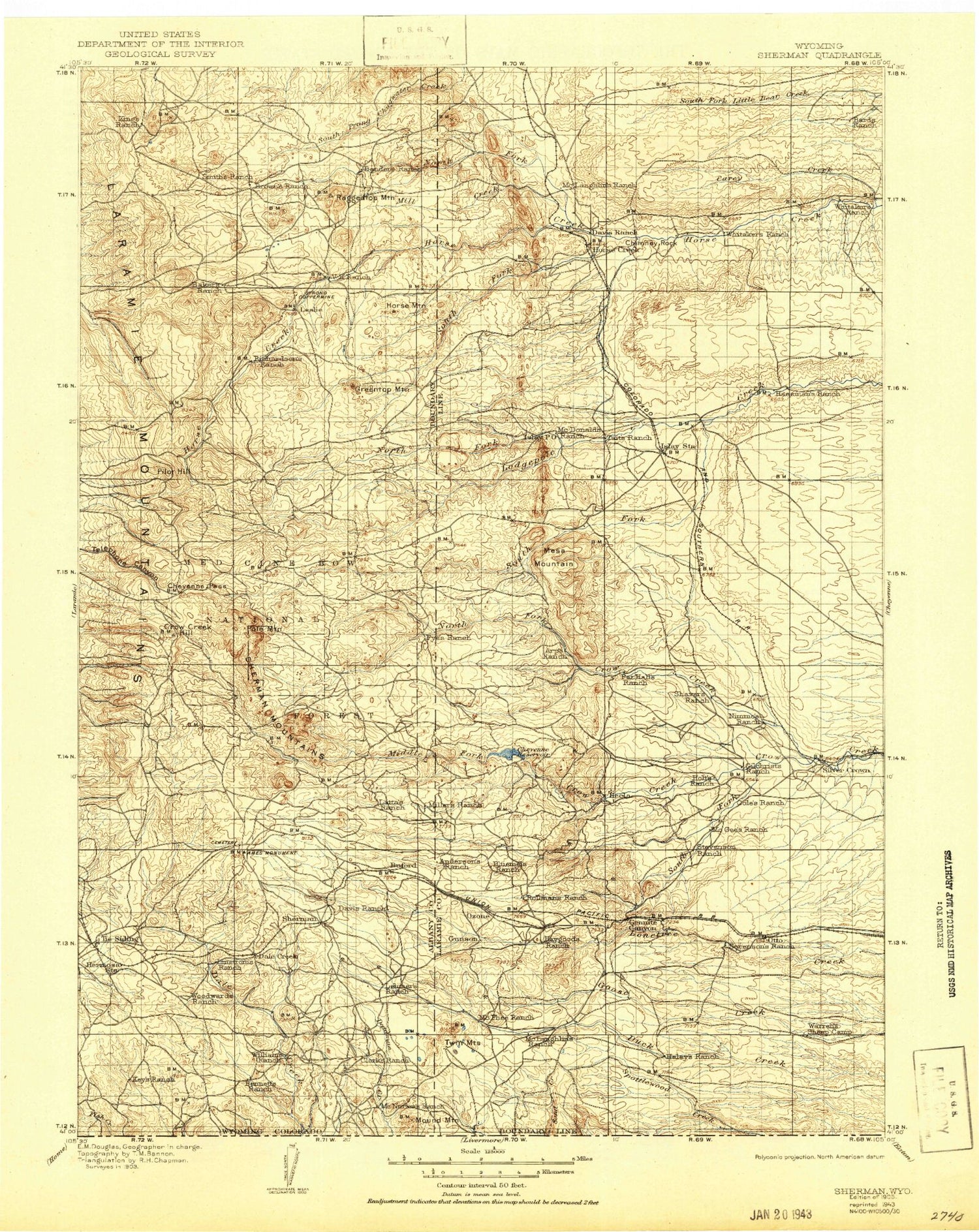 Historic 1905 Sherman Wyoming 30'x30' Topo Map Image