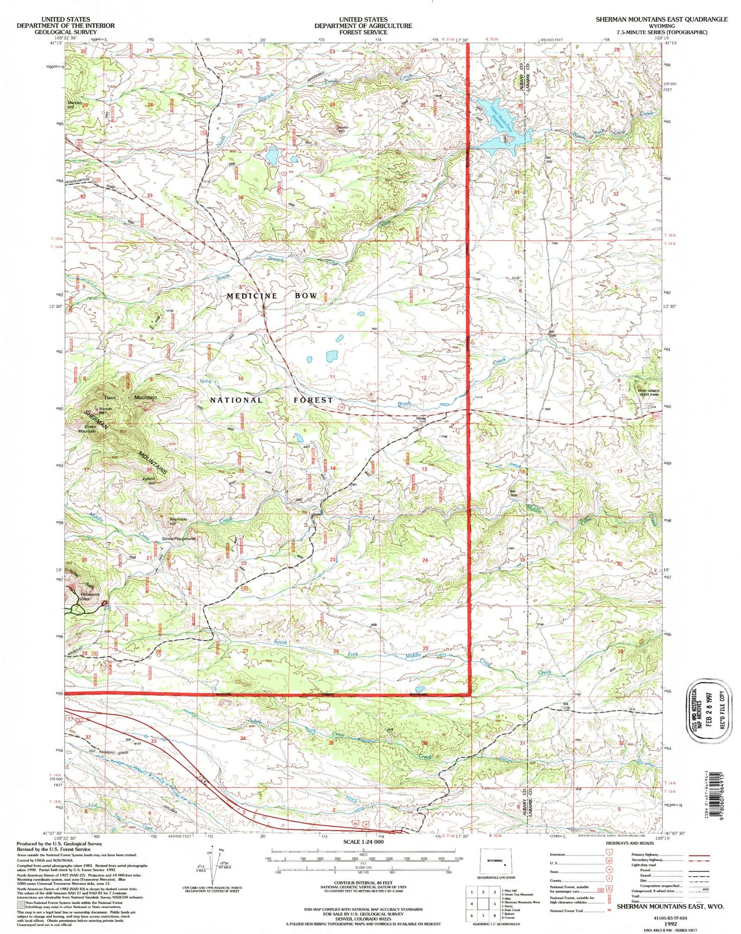 Classic USGS Sherman Mountains East Wyoming 7.5'x7.5' Topo Map Image