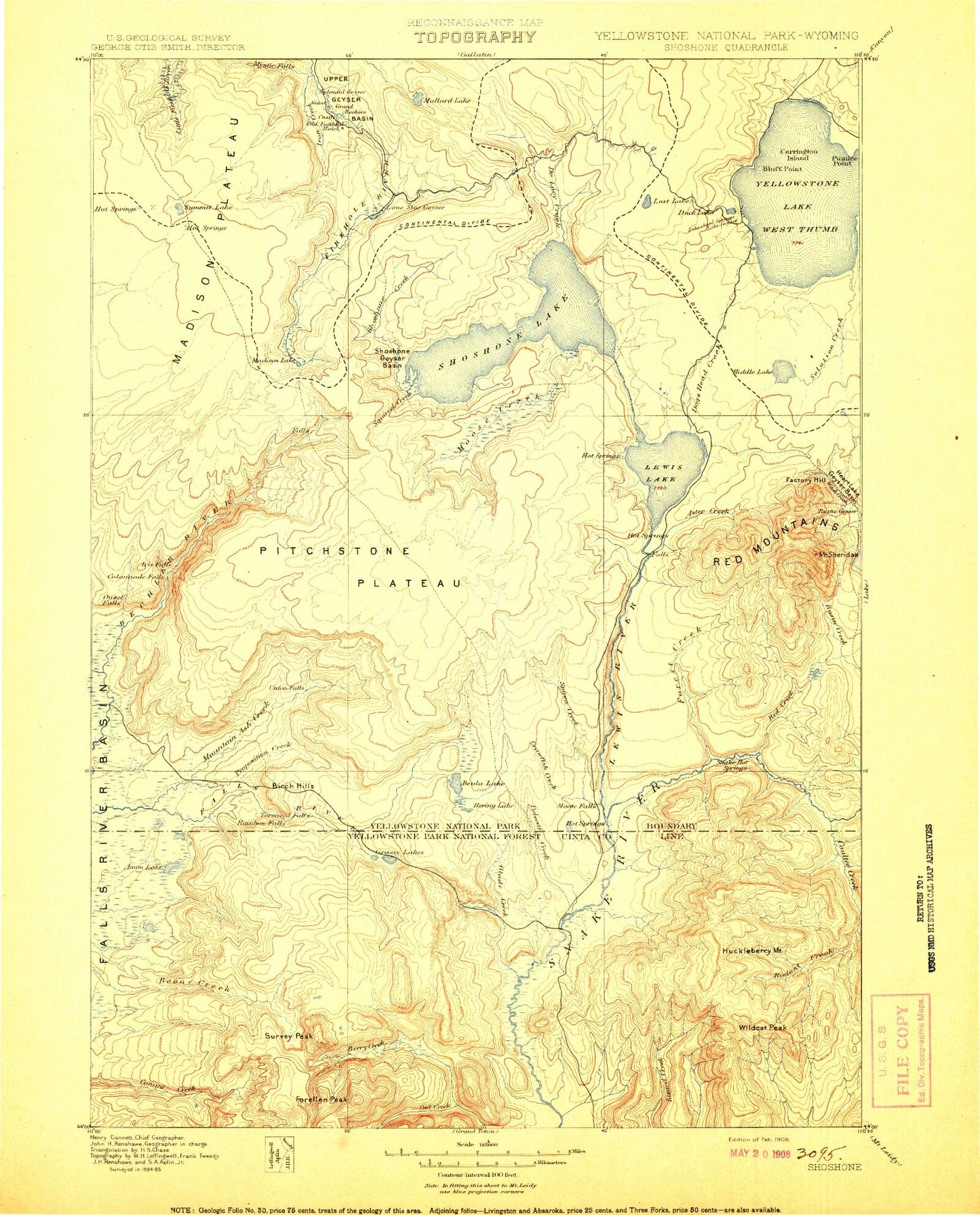 Historic 1908 Shoshone Wyoming 30'x30' Topo Map Image