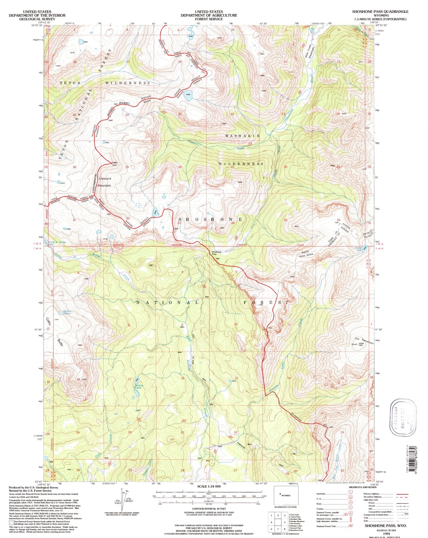 Classic USGS Shoshone Pass Wyoming 7.5'x7.5' Topo Map Image