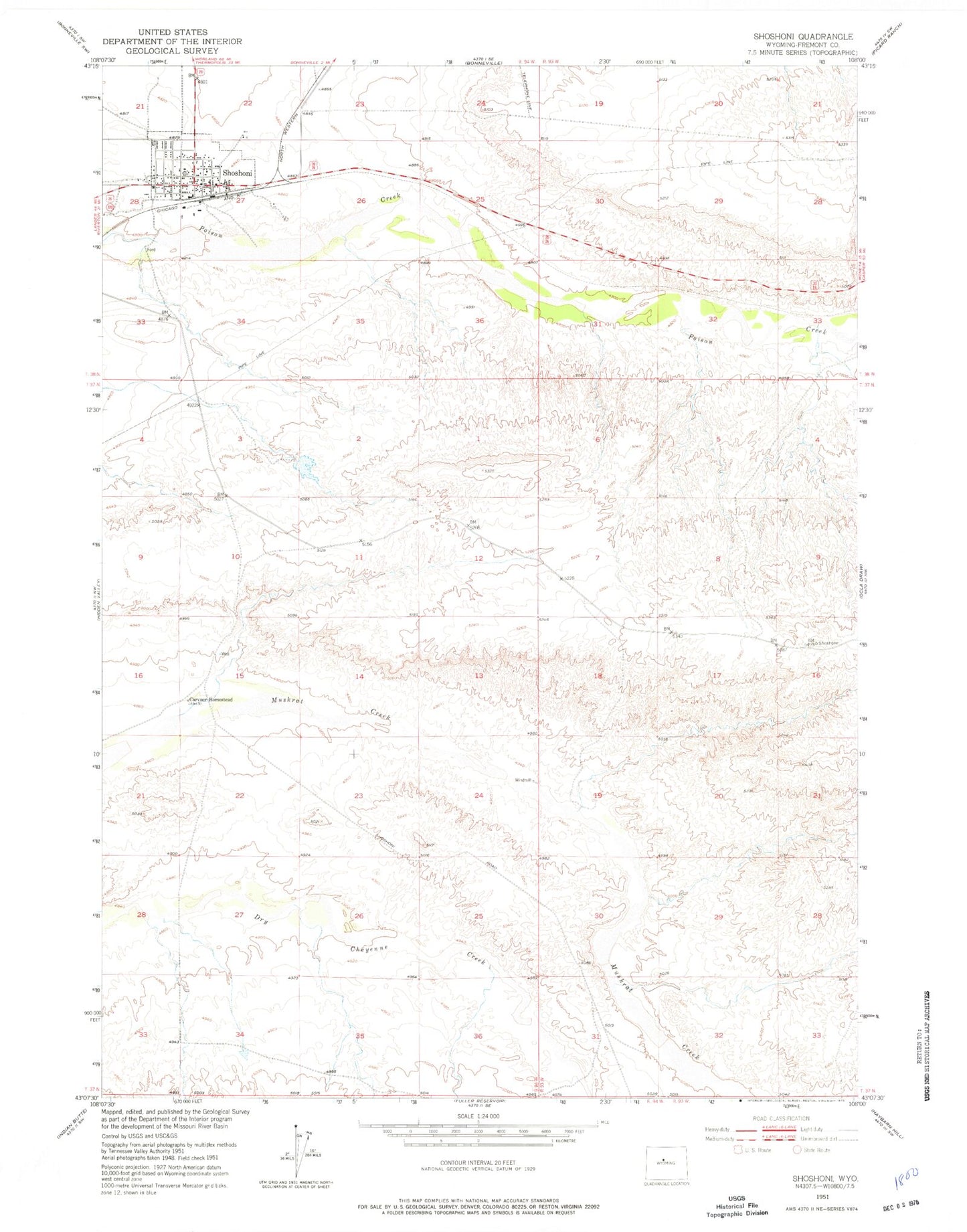 Classic USGS Shoshoni Wyoming 7.5'x7.5' Topo Map Image